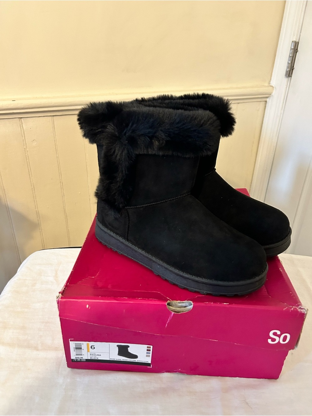 NIB SO Paulina Black Faux-Fur Winter Boots/Woman’s Size 6